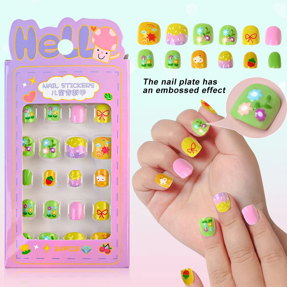 24 stks/doos 5D Reliëf Kids Leuke Cartoon Druk op Nagels Kawaii Konijn Kat Bloem Kunstnagels Kinderen Meisjes Volledige dekking Nepnagels