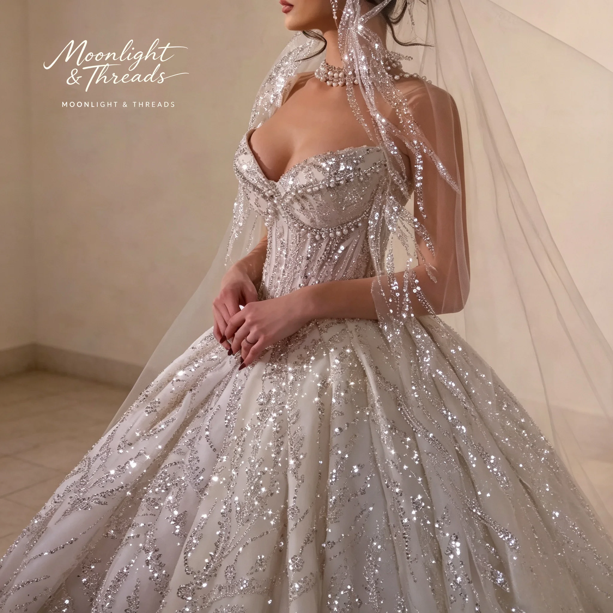Heavy Beaded Sequin Wedding Dress Sweetheart Corset Princess Ballgown Sparkling Cathedral Veil Bridal Gown