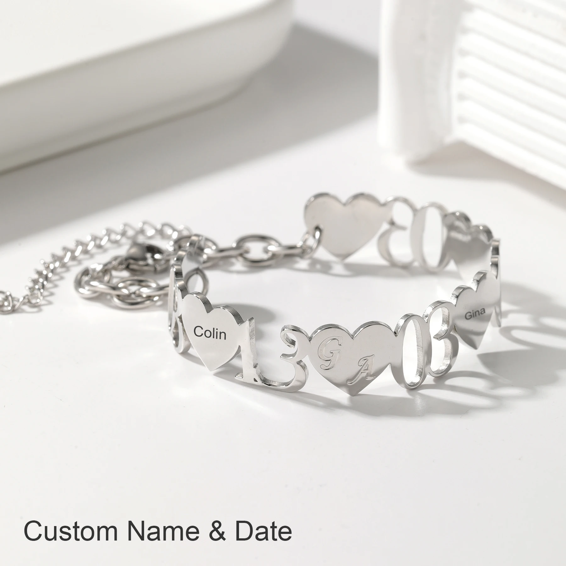 

Custom Name Heart Number Bracelet Personalized Date Jewelry Gift For Women Mom Sister Birthday Anniversary Christmas Present