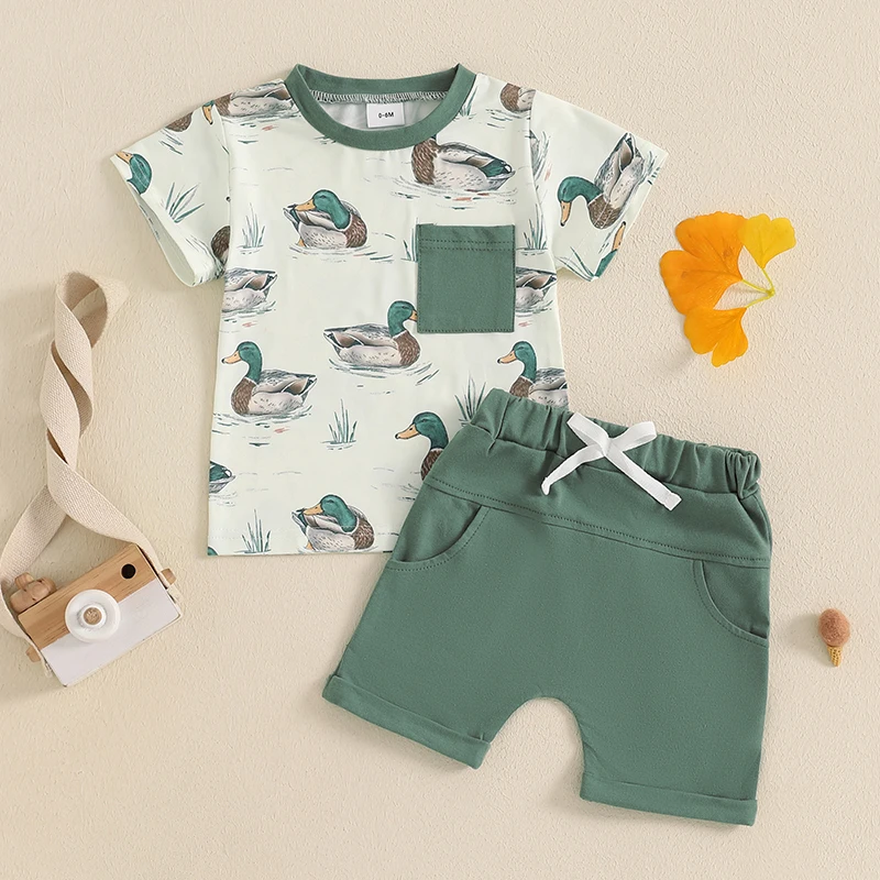 Infant Boy Duck Print Tee and Shorts Set with Elastic Waistband Short Sleeve Farm Animal Outfit for Summer 2 Piece Toddler