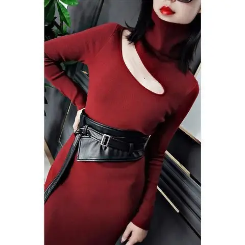 Korobov Red Knitting Dress Female Autumn Winter Belt French Vintage Robes Slim Sexy Sweater Dresses Fashion Vestidos De Mujer