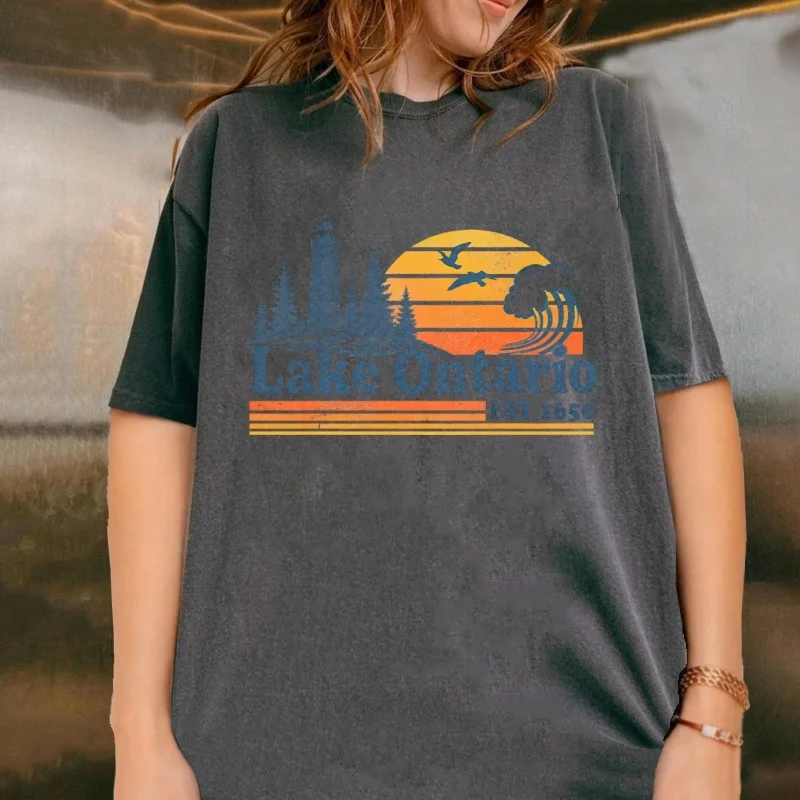 Vintage Lake Ontario Great Lakes T Shirt Vintage Washed Cotton Comfort Canada Tee Man Woman Crewneck High Quality Clothing Tops