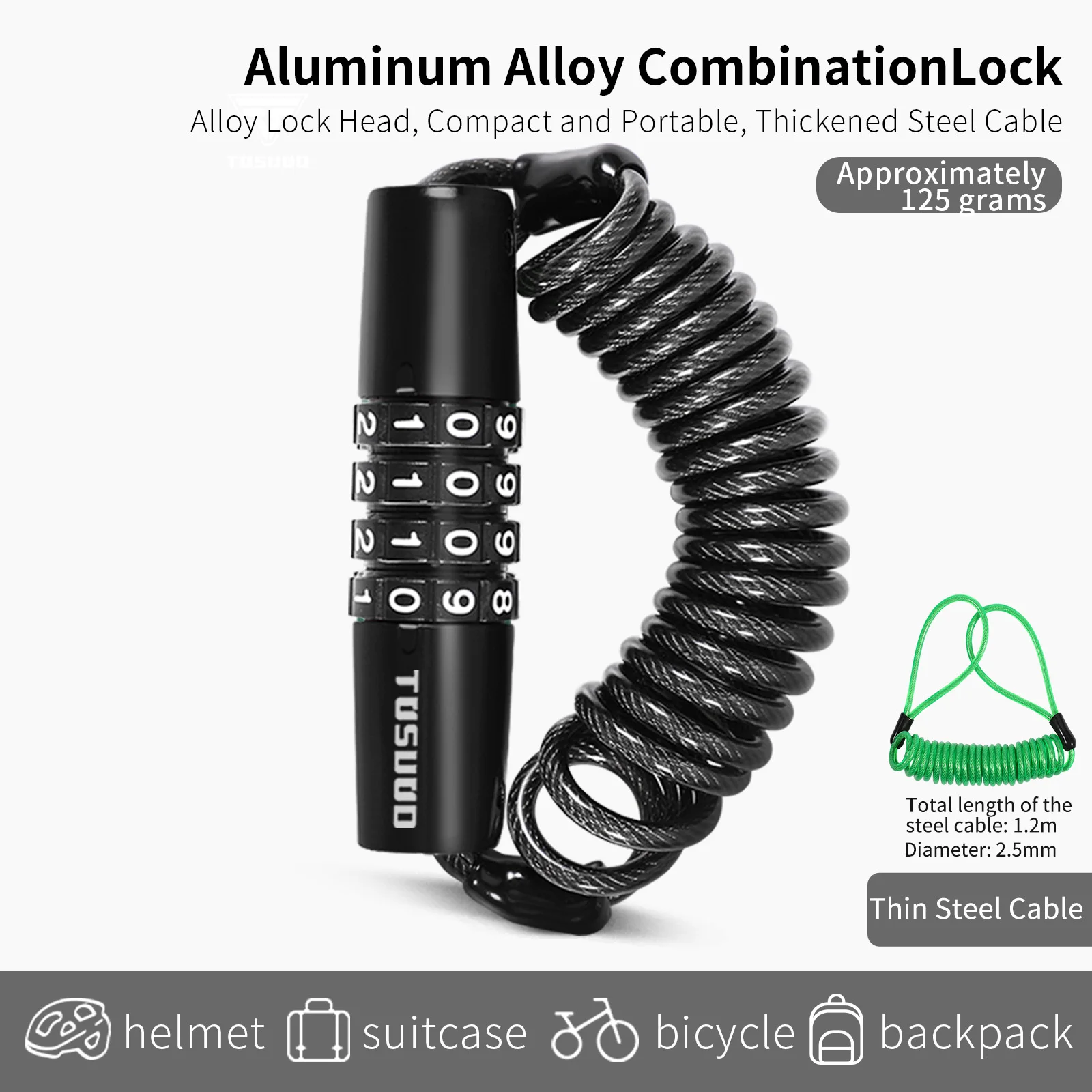 

Мини-4-значный замок для шлема, кабель с ПВХ-покрытием длиной 1,5 м, головка из цинкового сплава, установка без инструментов