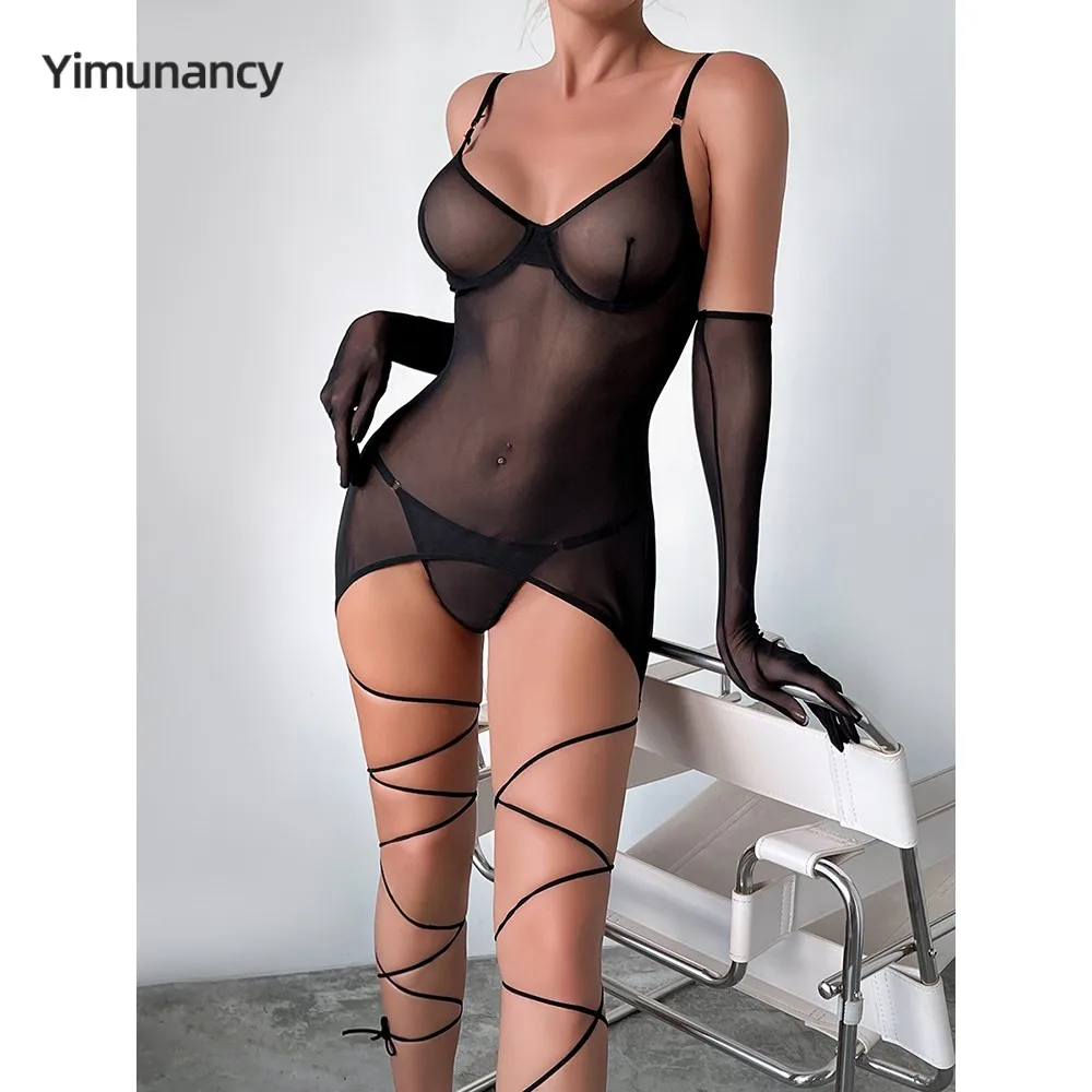 Yimunancy-Conjunto de lencería de malla transparente para mujer, vestido Sexy con espalda descubierta, Sexy, erótico, sólido, ropa de dormir