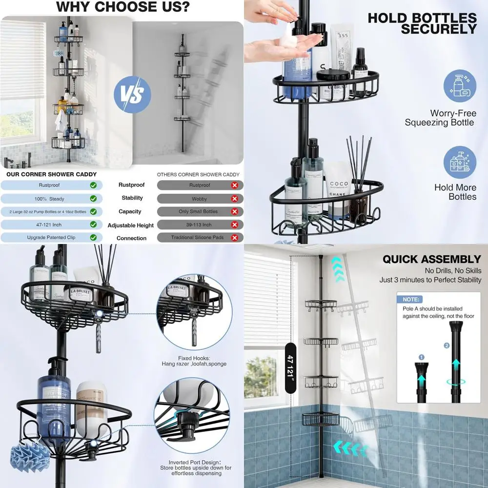 

Stainless Steel 4-Tier Tension Pole Shower Caddy, Adjustable 47-121 Inches, Black Bathroom Storage Organizer