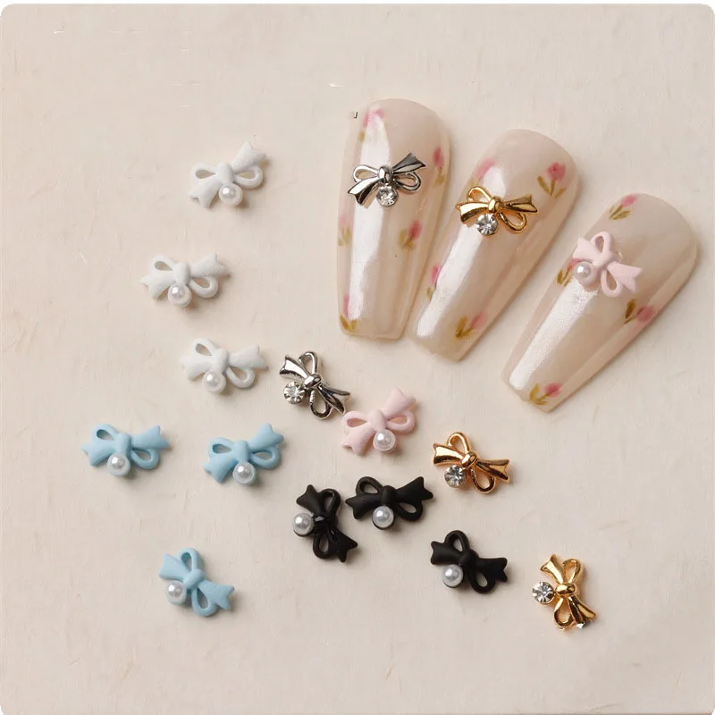 10 sztuk wstążka kokarda perła Nail Art Charms 3D stop Bowknot Nail Art dżetów dekoracje DIY części do Manicure akcesoria Kawaii