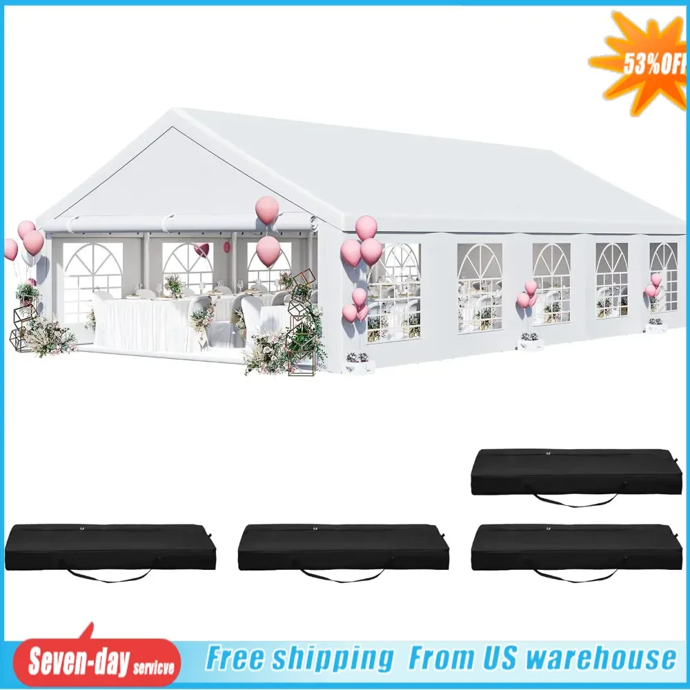 

20x32ft Party Tent, Outdoor Wedding Event Upgraded Galvanized Canopy with White Roof, Removable PVC Sidewalls & 4 Storage Bags