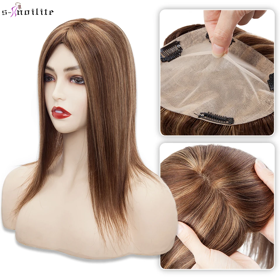 S-noilite Hair Toppers Human Hair 15x16cm PU+Breathable Net Silk Base Hair Cilp Natural Hair Wig 100% Human Hair 57g Hairpiece