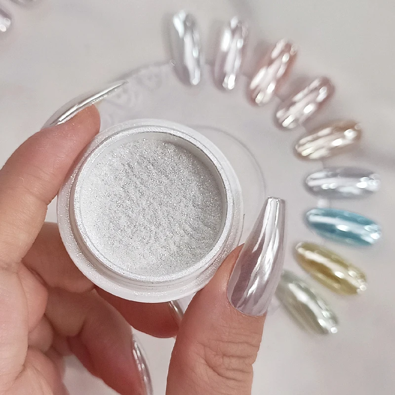 NICOLE DIARY Mirror Effect Aurora Pearl White Nail Powder Moonlight Metal Rubbing Dust Chrome Nail Art Glitter Manicure Decorate