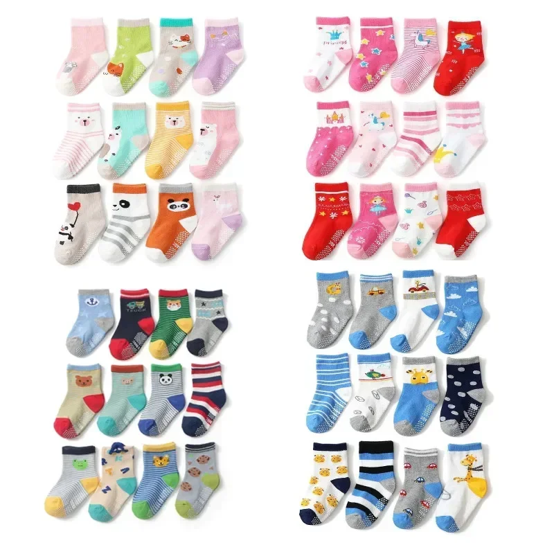 

12 Pairs/Lot Kids Cotton Rubber Slip-Resistant Floor Socks Boys Girls Socks 5-7Years