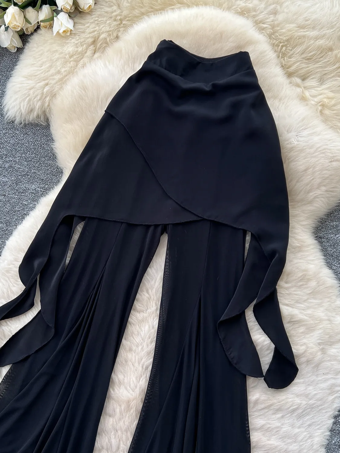 Women Black Gothic Flare Pants with Skirt Fake Two-Piece Y2k Emo Vintage Trousers Lace-Up High Waist Long Pants for Women Autumn