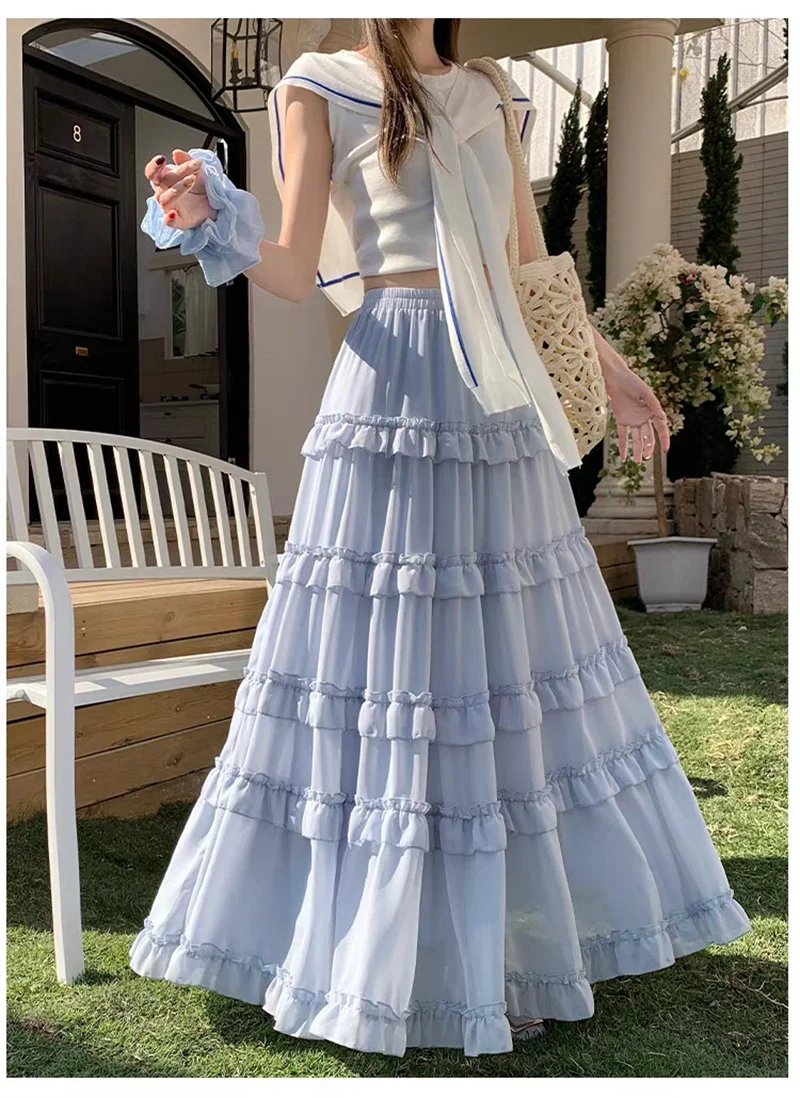 Saia Longa Maxi Feminina Plus Size 5XL, Moda com Cintura Alta, Elegante, com Babados e Barra Fluida, para Festa e Streetwear