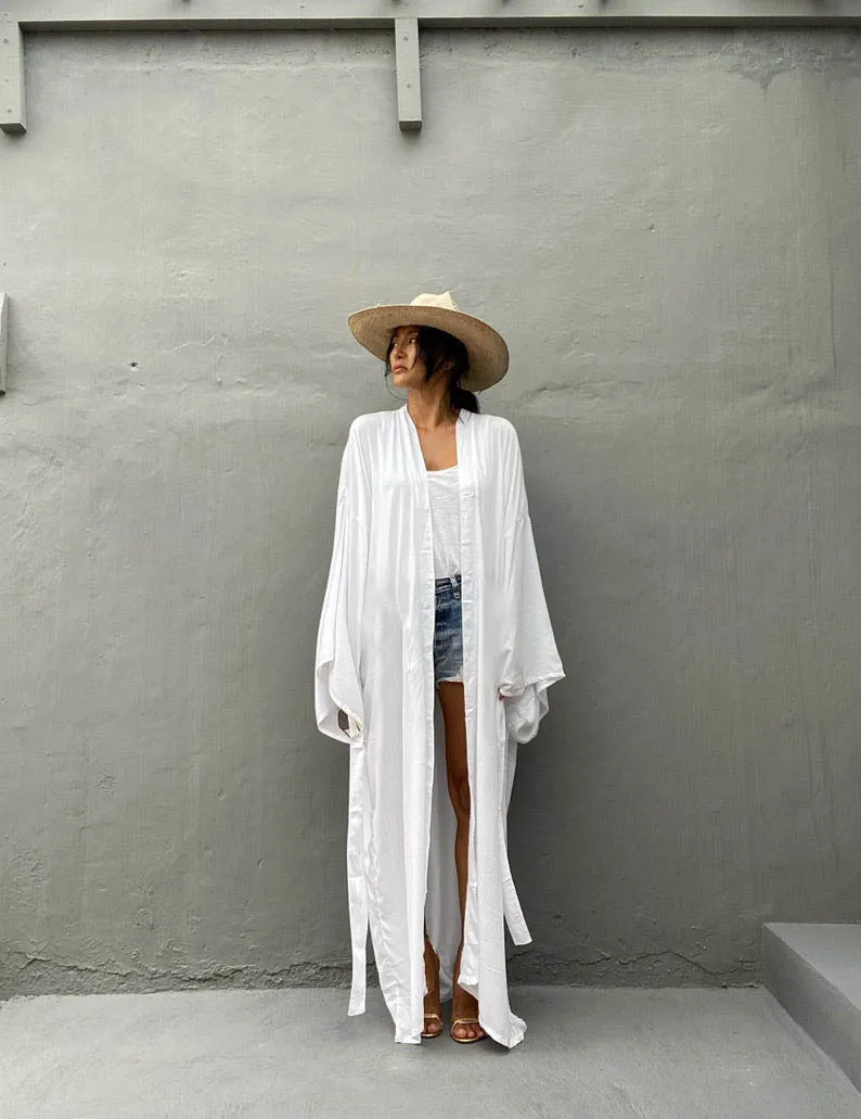 Elegante traje de baño tipo kimono largo con frente abierto y teñido anudado para mujer