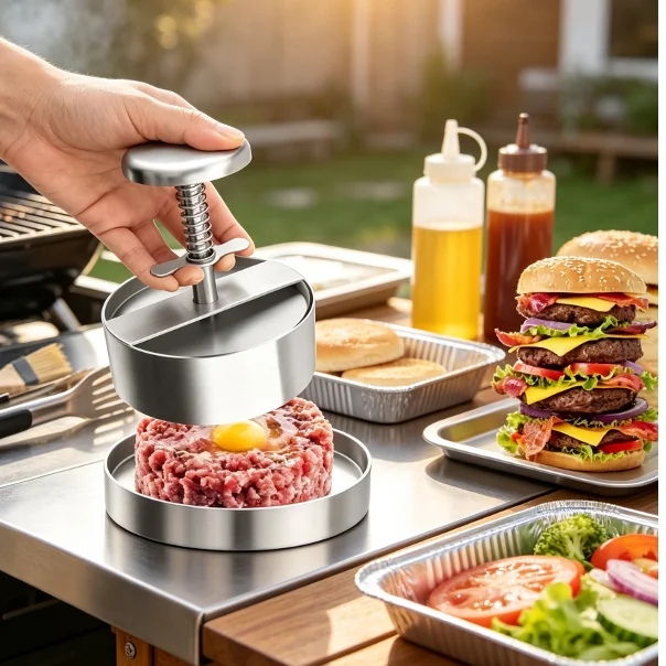 304 Stainless Steel Hamburger Patty Press, Non-Stick Round Manual Burger Maker, Adjustable Thickness Meatball & Rice Ball Mold