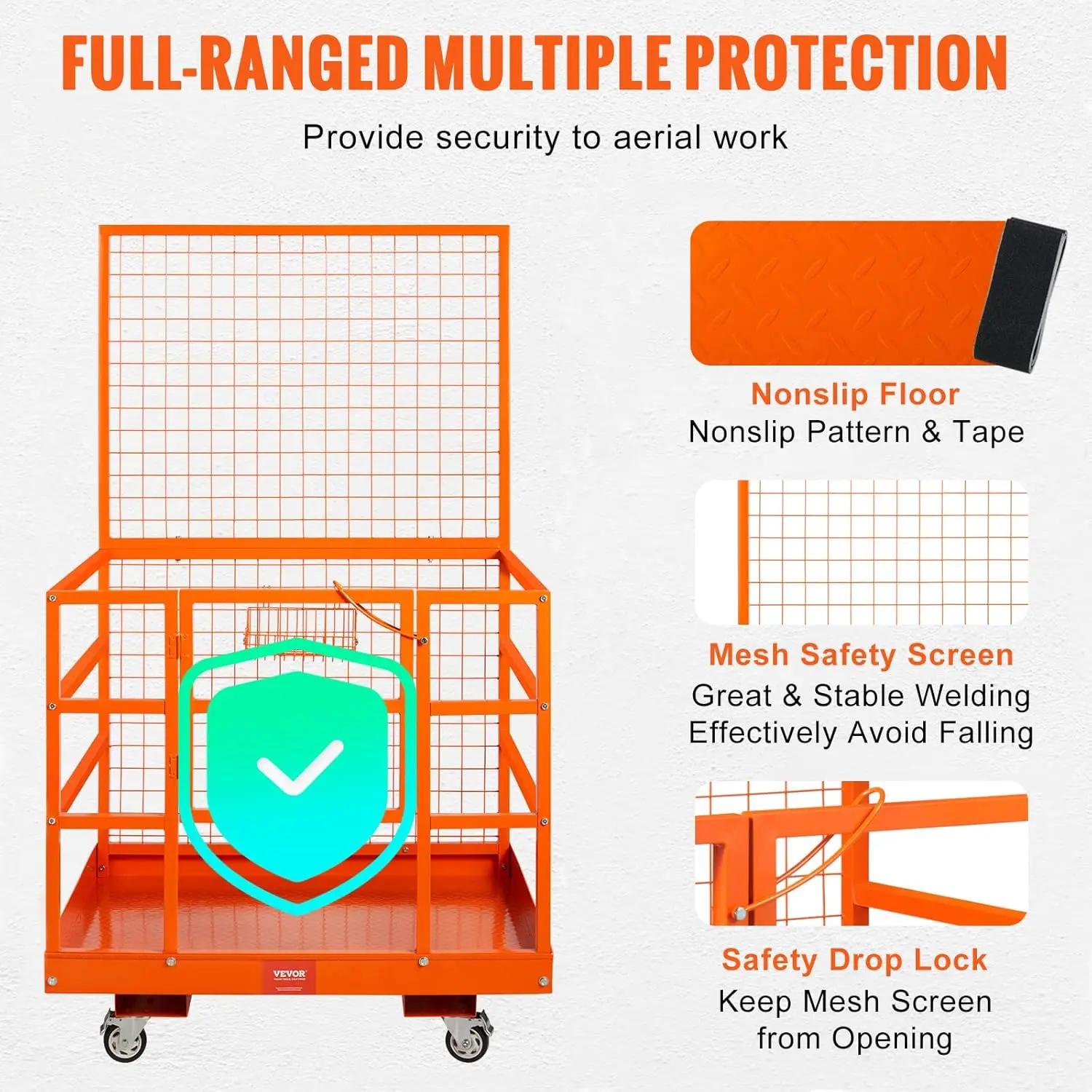 Gabbia di sicurezza per carrello elevatore 43"x45" Cestino per carrello elevatore, capacità 1400 libbre Piattaforma da lavoro per carrello elevatore con imbracatura di sicurezza e foro di scarico di bloccaggio