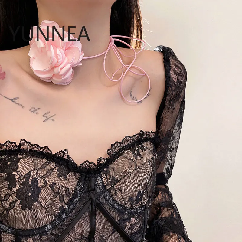 JISOO FLOWER Vintage French Chic Pink Big Flowers Small Fragrant Black Chocker Necklace Tie Necklace Strap Necklace