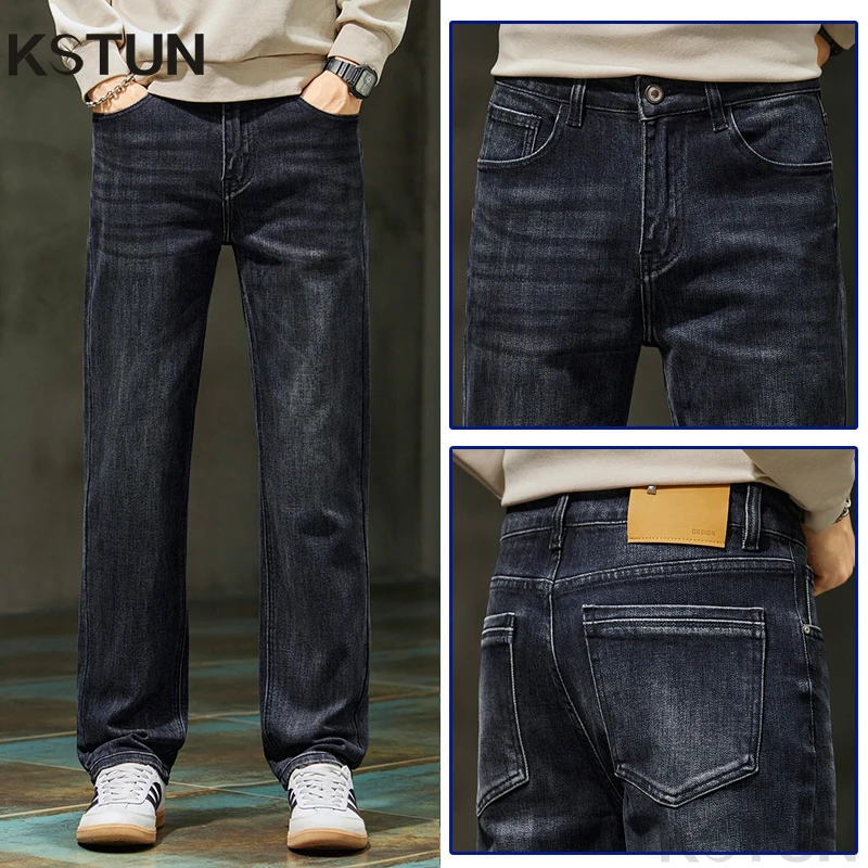 

KSTUN 2026 Spring Men's Business Casual Straight Jeans Stretch Denim Pants Classic Regular Fit Trousers for Work Men's Clothing
