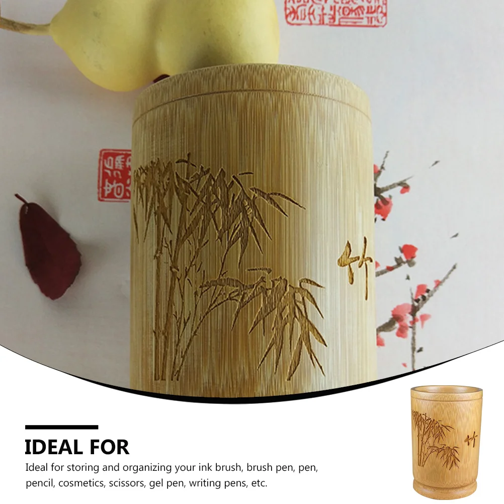 

1Pcs Bamboo Pen Holder with Carved Design Multi-Functional Desk Organizer for Pens Pencils Brushes Gel Pens Writing Tools