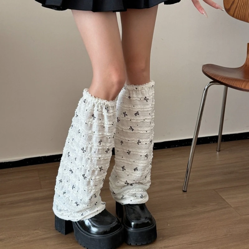 Womens Japanese Sweet Bowknot Print Loose Leg Cover Vintage Ruffle Lace Trim Flared Leg Warmer Sleeve Long Socks