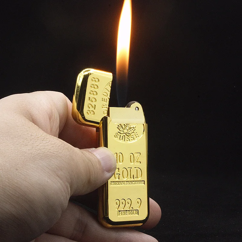 Creative Gold Bar Flashlight Lighter Metal Butane Gas Smoke Pipe Lighter Inflatable Flameless Lighter Smoking Accessories Gadget