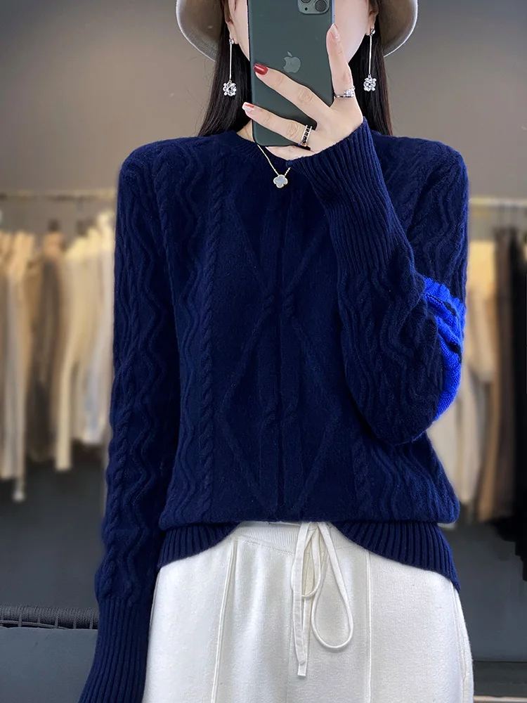 New Women 100% Merino Wool Pullover Autumn Winter Cashmere Sweater O-Neck Cable Stitch Knitwear Casual Soft Tops Korean Popular