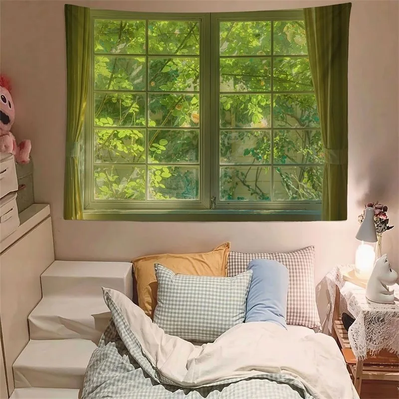 

Fake Window Green Leaves Tapestry Nature Landscape Wall Hanging Polyester Background Cloth for Bedroom Living Room Dorm Decor