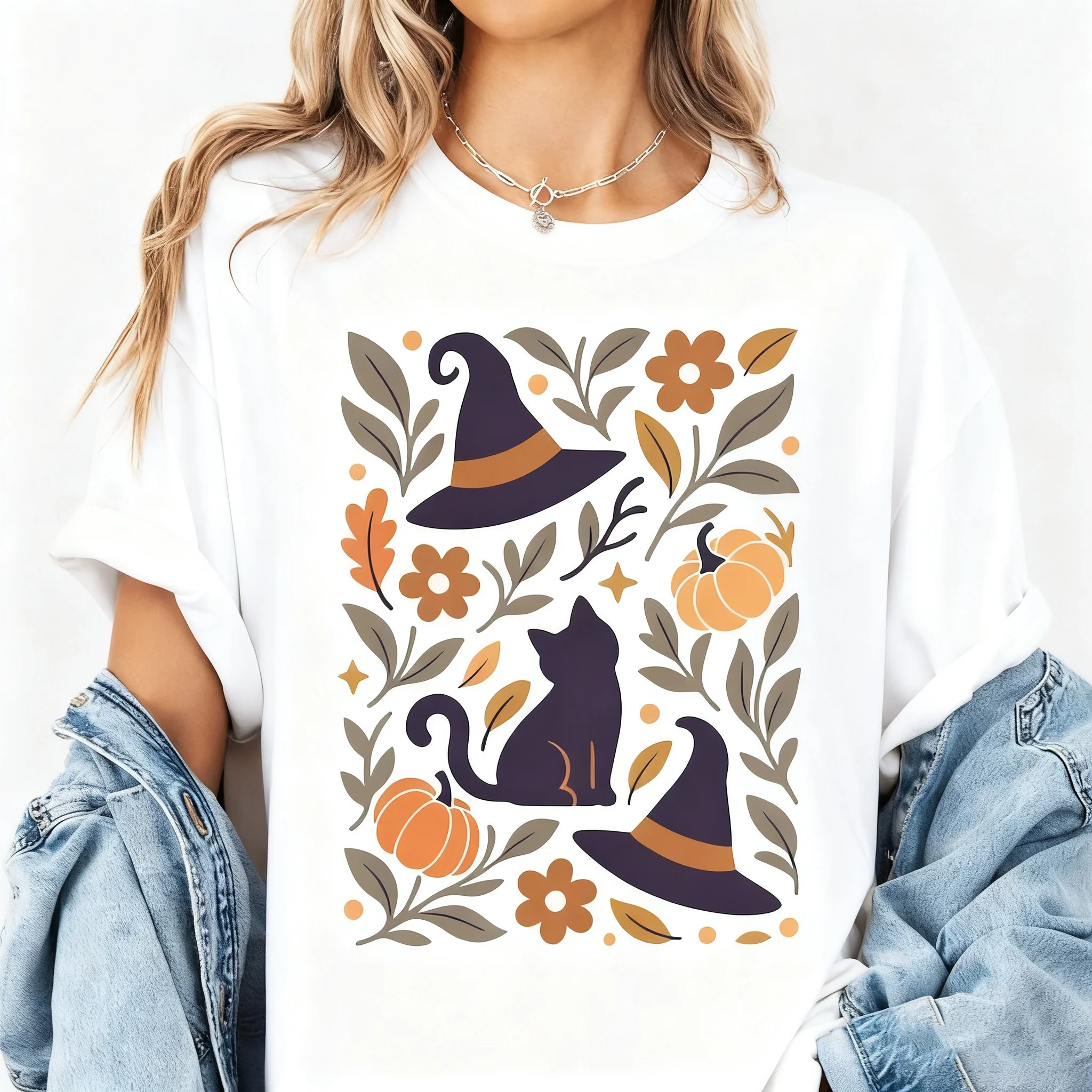

Witch Hat Cat Halloween Pattern Printed T-Shirt O-Neck Women's Short Sleeved T-Shirt Casual Fun White Top Cartoon Basic T-Shirt