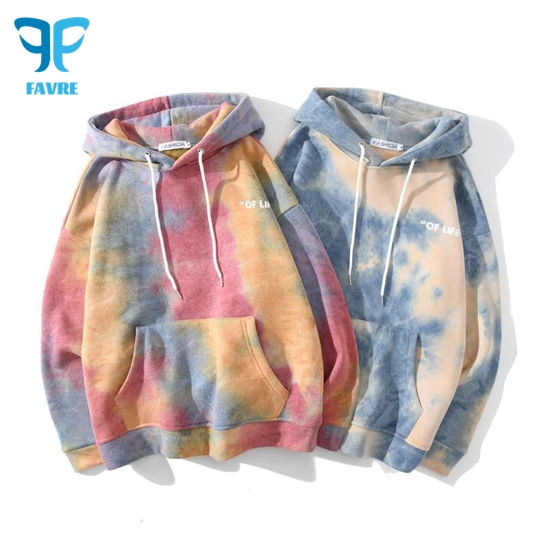 FAVRE Mens Womens Tie Dye Sweatshirts Casual Letter Contrast Hoodies Streetwear High Street Hip Hop Fashion  Couple Pullovers