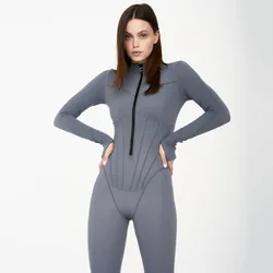 Mono de Fitness con cremallera para mujer, peleles de Cuello medio alto a rayas, mono ajustado para Yoga, ropa de calle