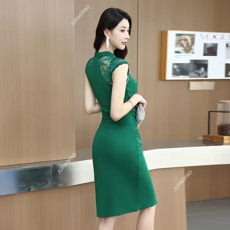 Women's Green Lace Hollow Out Slim and Sexy Long Dress Elegant Chinese Style Bath Center in Summer Hotel Front Desk Work Clothes