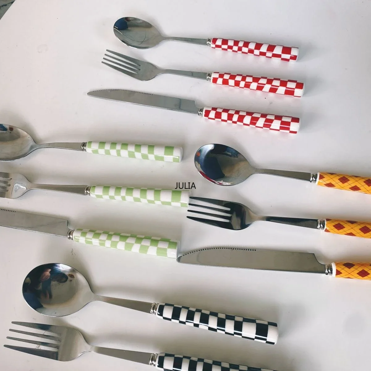 Ins Style Checkerboard Stainless Steel Knife, Fork And Spoon Ceramic Handle Steak Popular     Set Tableware