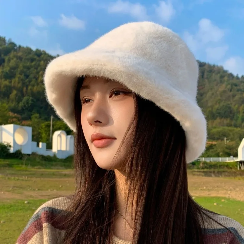 Faux Mink Fur Bucket Hat Plush Fisherman Cap Soft Warm Fluffy Winter Hat Vintage Fashion Face Shaping Daily Headwear Multiple
