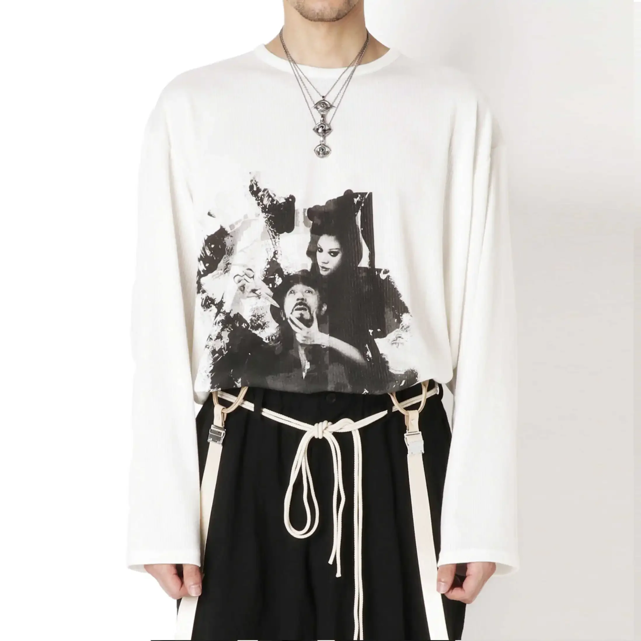 تي شيرت YOJI OOAK ياباني مخصص من القطن بأكمام طويلة كاجوال مريح من القطن المصري مطبوع عليه ملصق أبيض وأسود