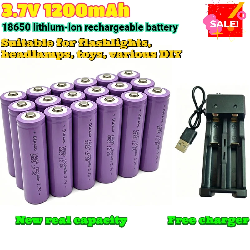New 18650 3.7V 1200mAh Lithium-Ion Rechargeable Battery Suitable for Flashlights, Headlamps, Cycling Lights, Toys, Various DIYs