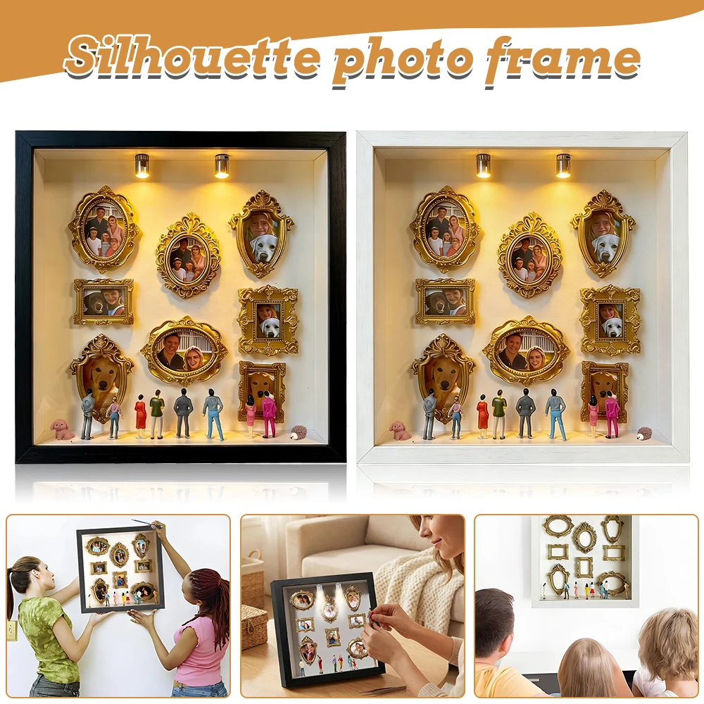 Image of 25,3 cm DIY Mini-Museum-Schattenbox-Rahmen (Schwarz/Weiß) mit goldenen Fotorahmen, Mini-Menschenfiguren & LED-Beleuchtung, einfache 3-Schritt-Montage, einzigartiges personalisiertes Geschenk für
