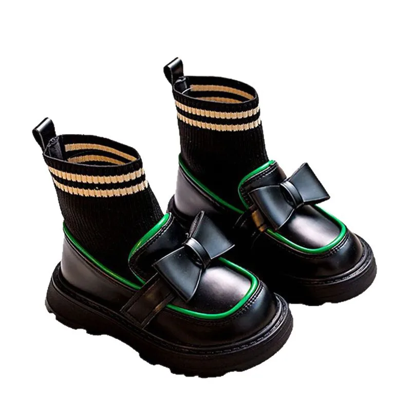 

Осенне-зимние детские стильные носки с бантом для девочек, ботинки, детские однослойные кожаные ботильоны на флисовой подкладке для маленьких девочек