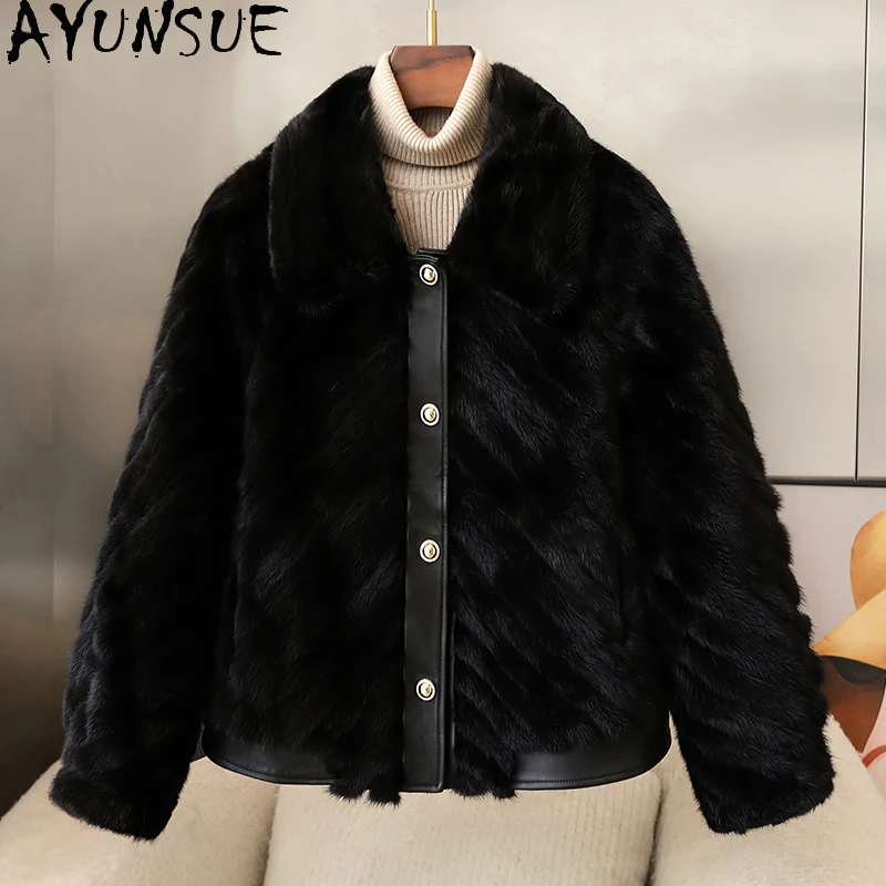 

AYUNSUE Mink Fur Coats for Woman Winter 2025 New Black Fur Coat Office Wear High Quality Clothing for Woman Fourrures Femmes