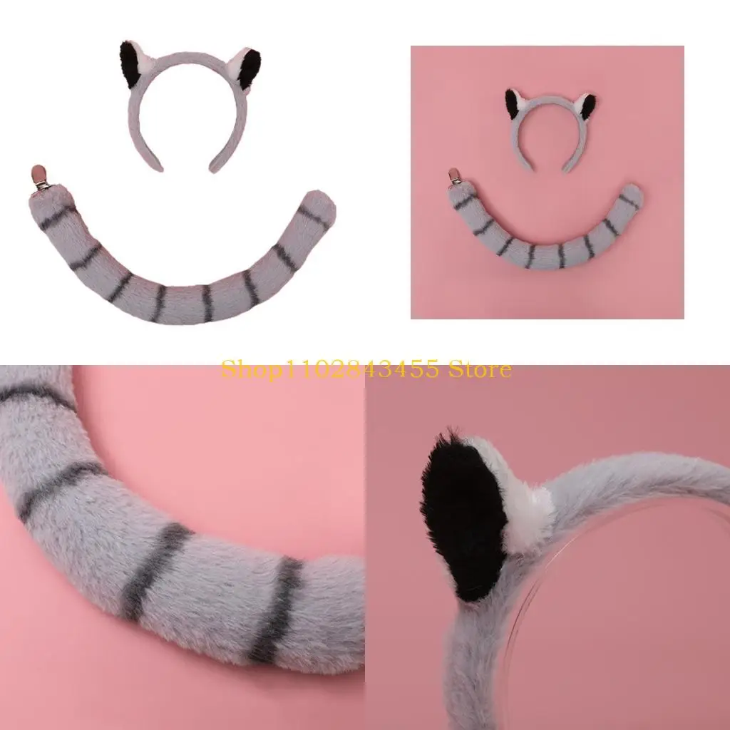 

49MC Girls Animal Raccoon Ears Tail Set Plush Hair Hoop Lovely Party Headdress Halloween Cosplay Party Fancy Accessories