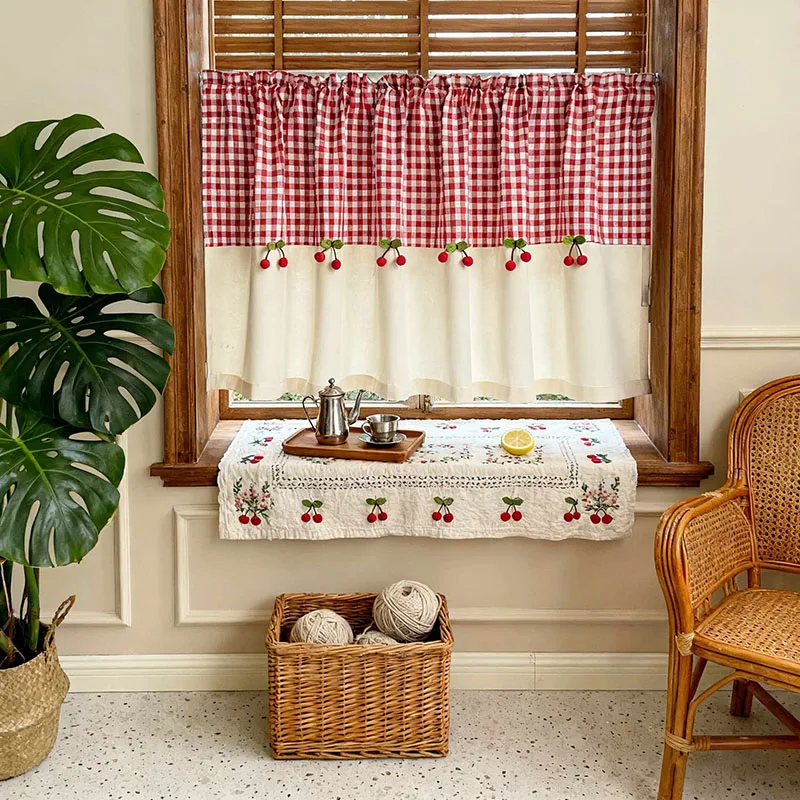 1PC Japanese and Korean Classic Plaid Cafe Curtain Red Cherry Decor Half Blackout Short Curtain For Living Room Bedroom Kitchen