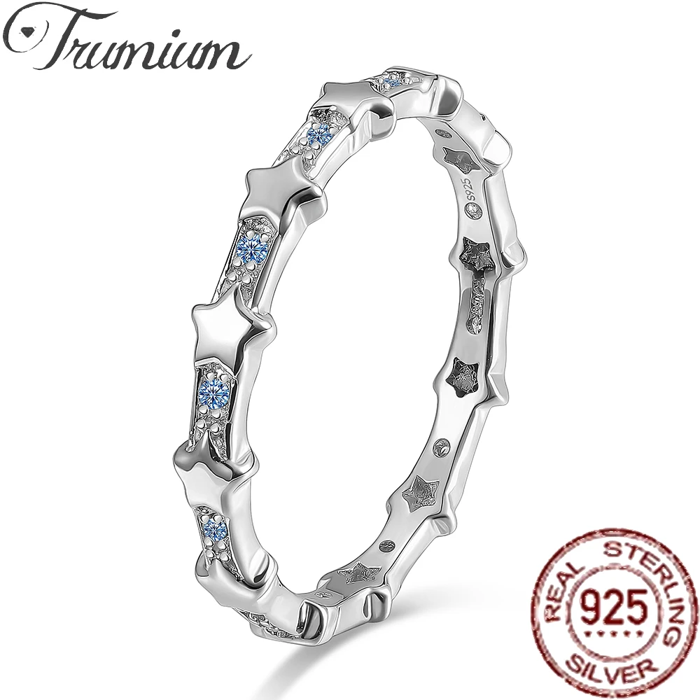 

Trumium 100% 925 Sterling Silver Full Star Rings for Women Dazzling Blue Zirconia Stackable Rings Engagement Party Jewelry