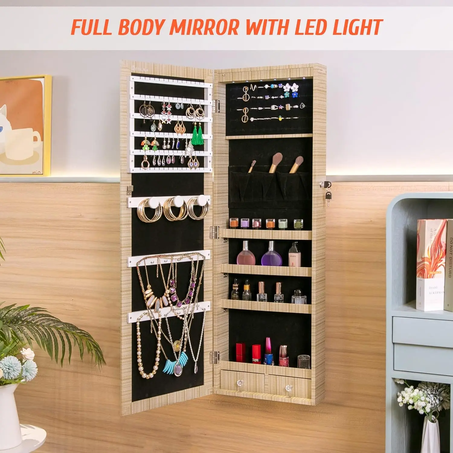 Mirror Jewelry Cabinet, Upgraded 6 LED Lights Wall/Door Mounted Jewelry Armoire Organizer, Jewelry Box with new materials and co