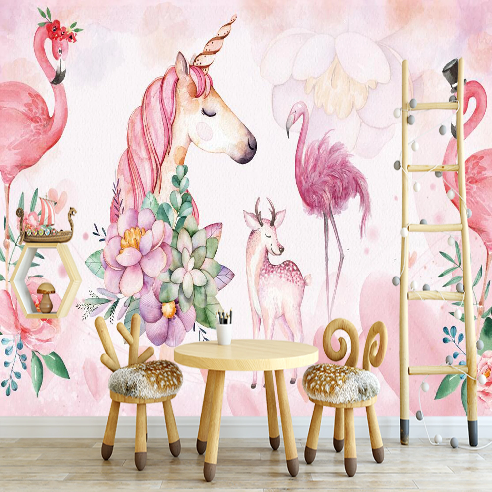 Custom Wall Mural Romantic Watercolor Pink Floral Unicorn Deer Flamingo Wallpaper For Girls Bedroom
