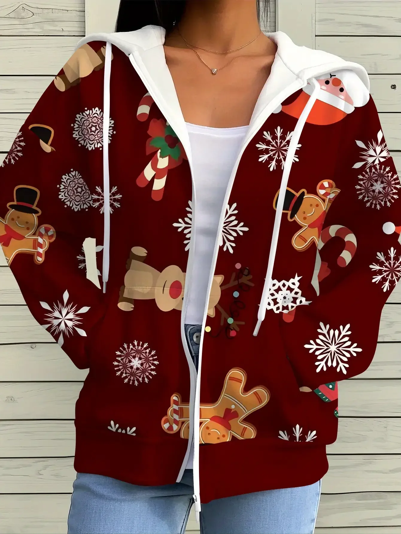 

New 2026 Women's Christmas Zipper Hoodie, casual, fashionable, A blend of casual polyester and spandex,