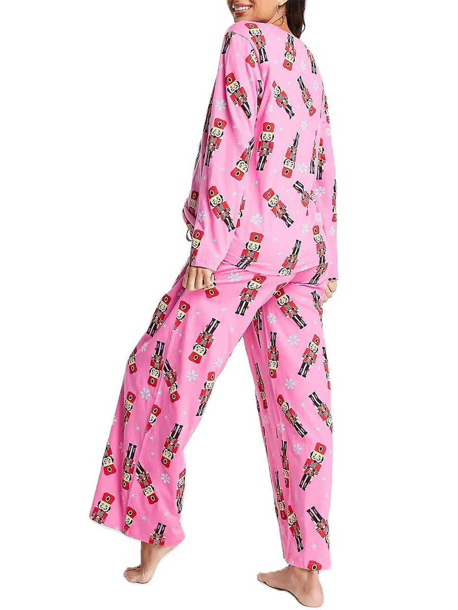 Women 2 Piece Pink Pajamas Set Nutcracker Print Long Sleeve Crewneck Shirt Tops Lounge Pajamas Pants Pj Sleepwear Nightwear