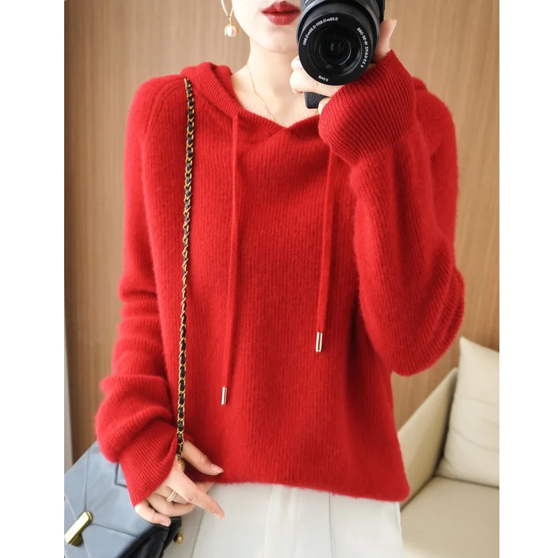 High Quality Cashmere Hoodie Women Loose Hooded Knitted Thick Cashmere Sweater Women