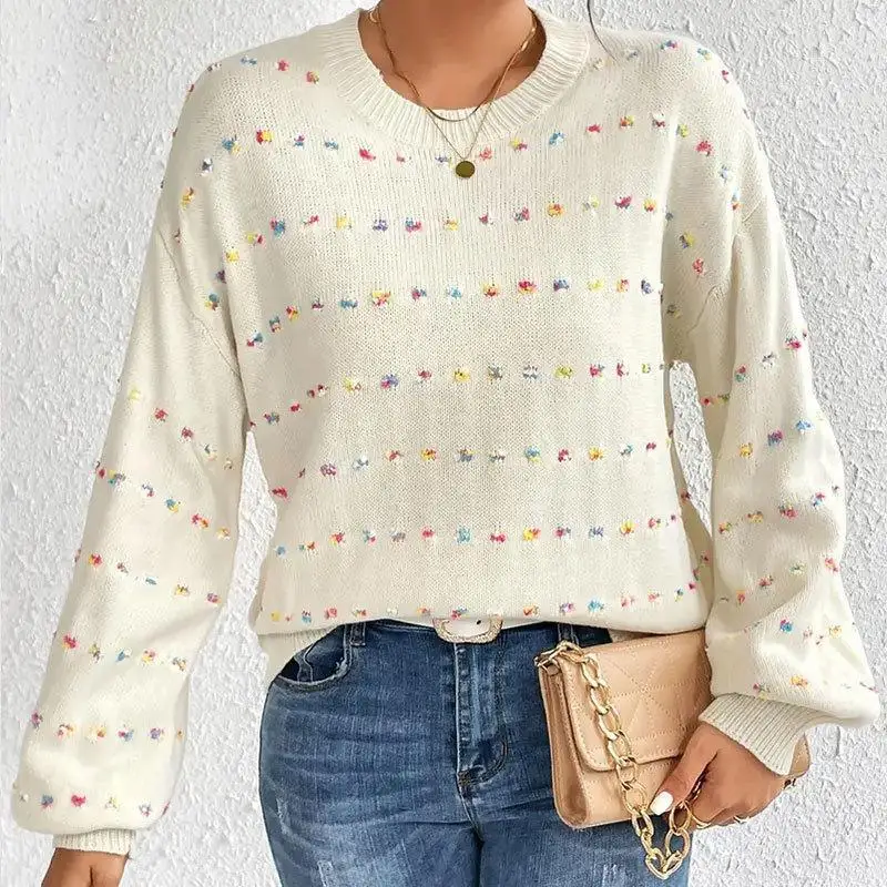 

Faionable Women's Knitted Sweater round Ne Overhead Color Dot Embroidery Autumn Winter New Arrival Comfortable Long Sv...