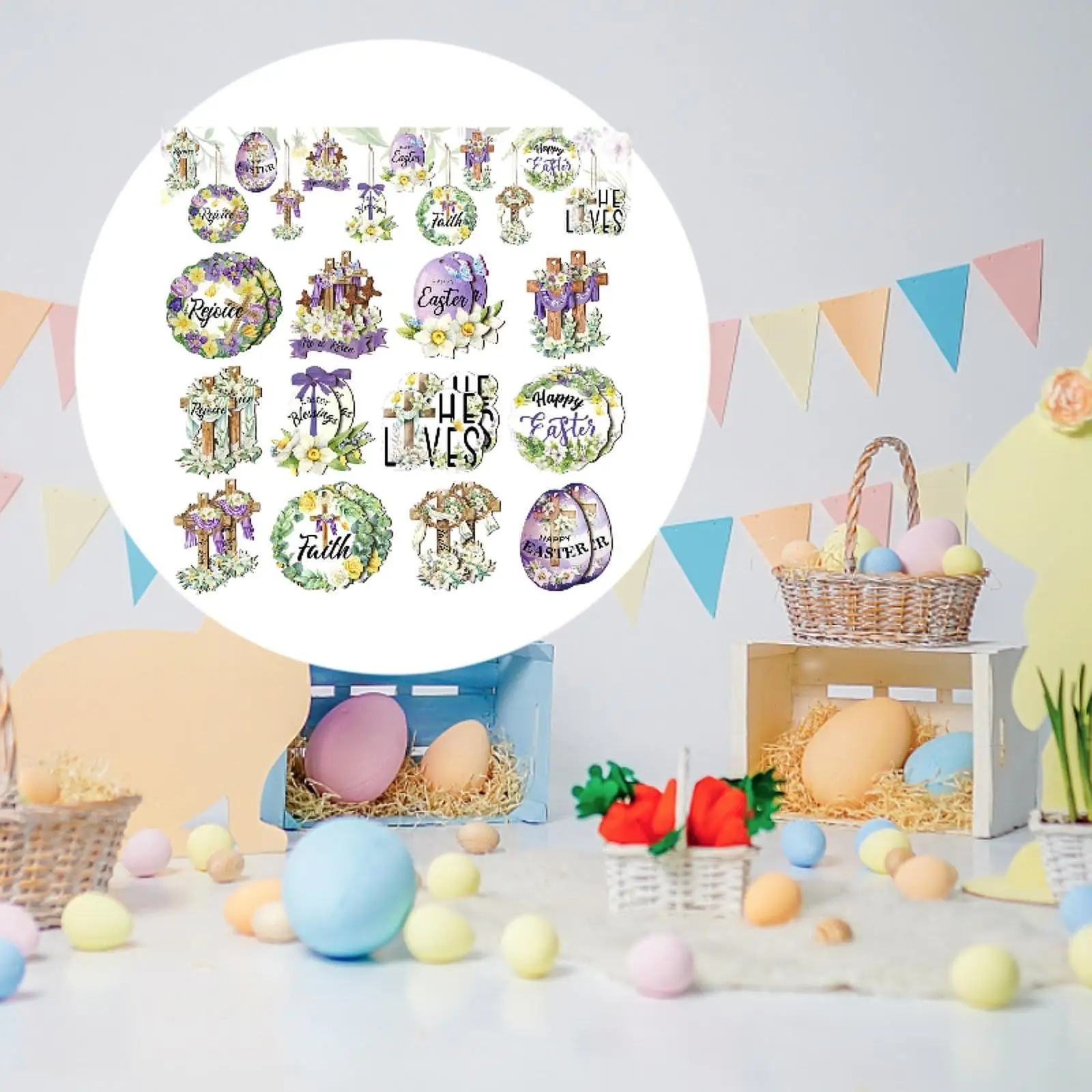 24 Pieces Easter Wooden Hanging Ornament Decorative Sign for Home Window