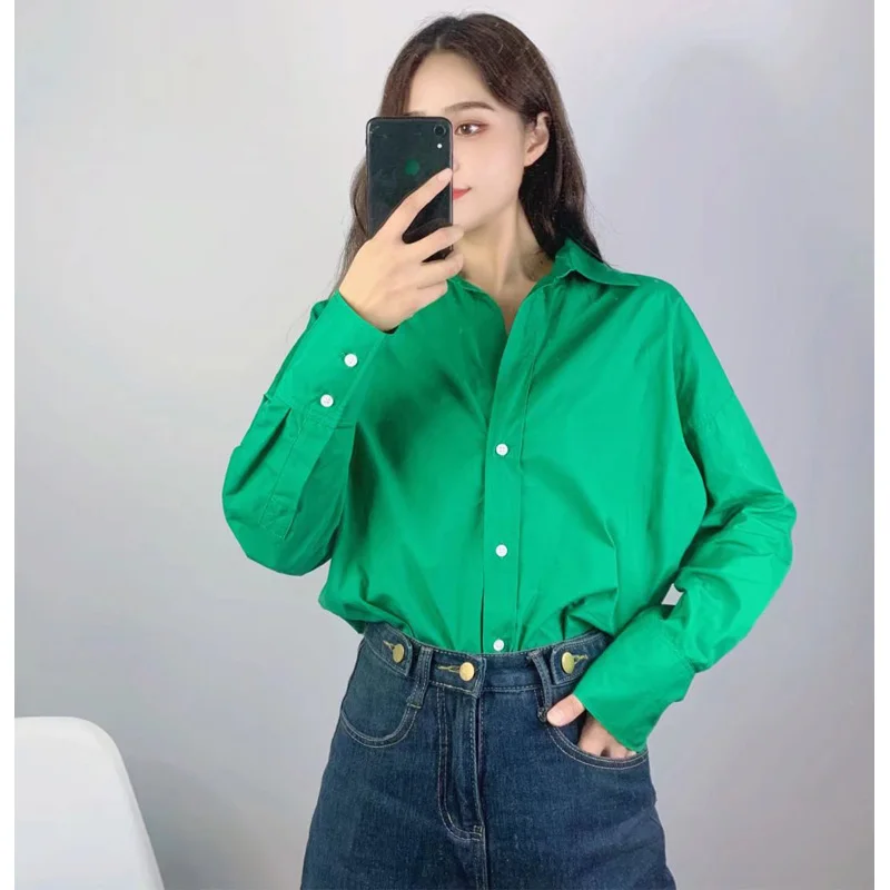 DUOPERI Women Summer Basic Multicolour Loose Shirt Lapel Collar Long Sleeves Female Chic Lady Oversize Blouse