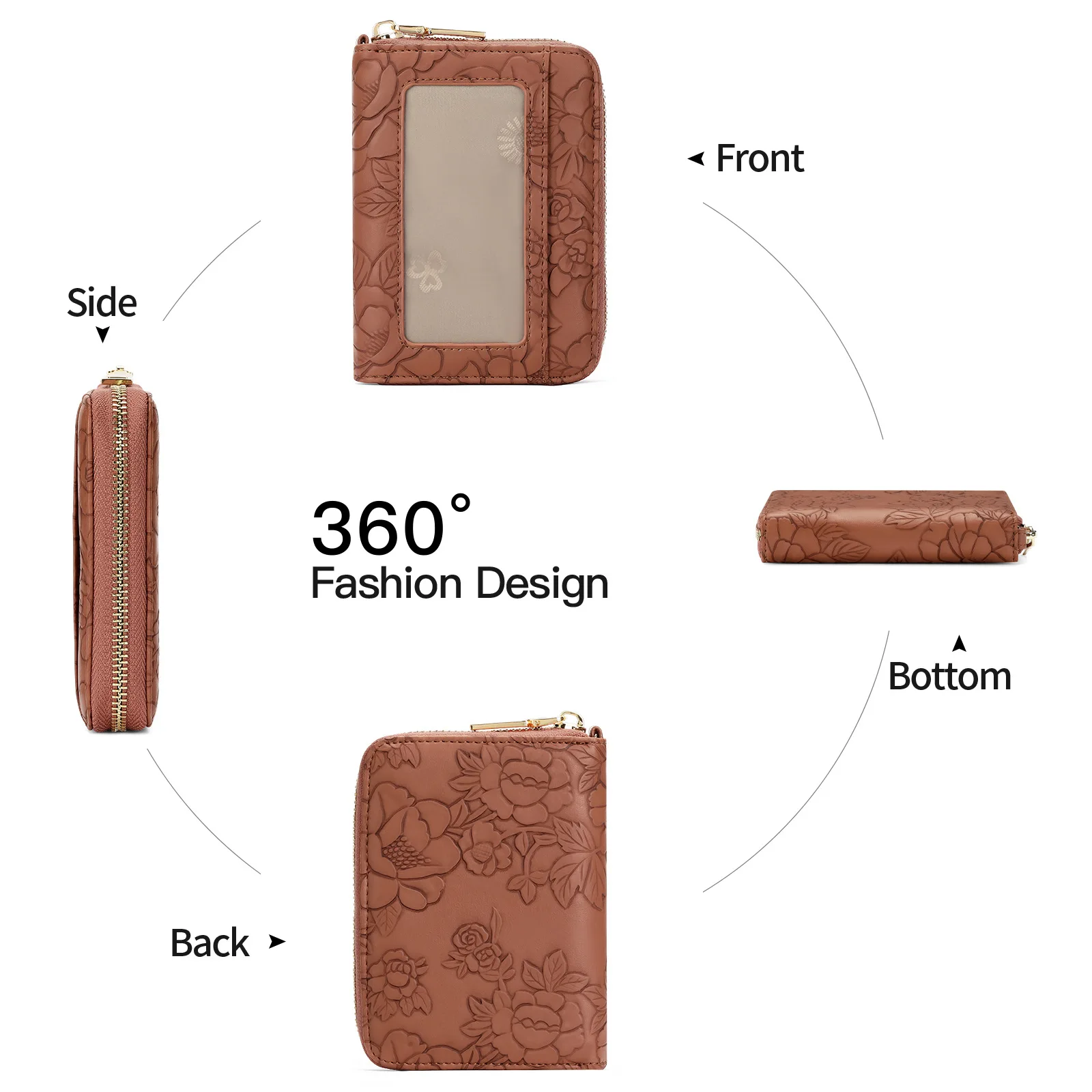 RFID Blocking Zipper Coin Purse PU Leather Card Holder Key Pouch Multifunctional Vintage Embossed Card wallet