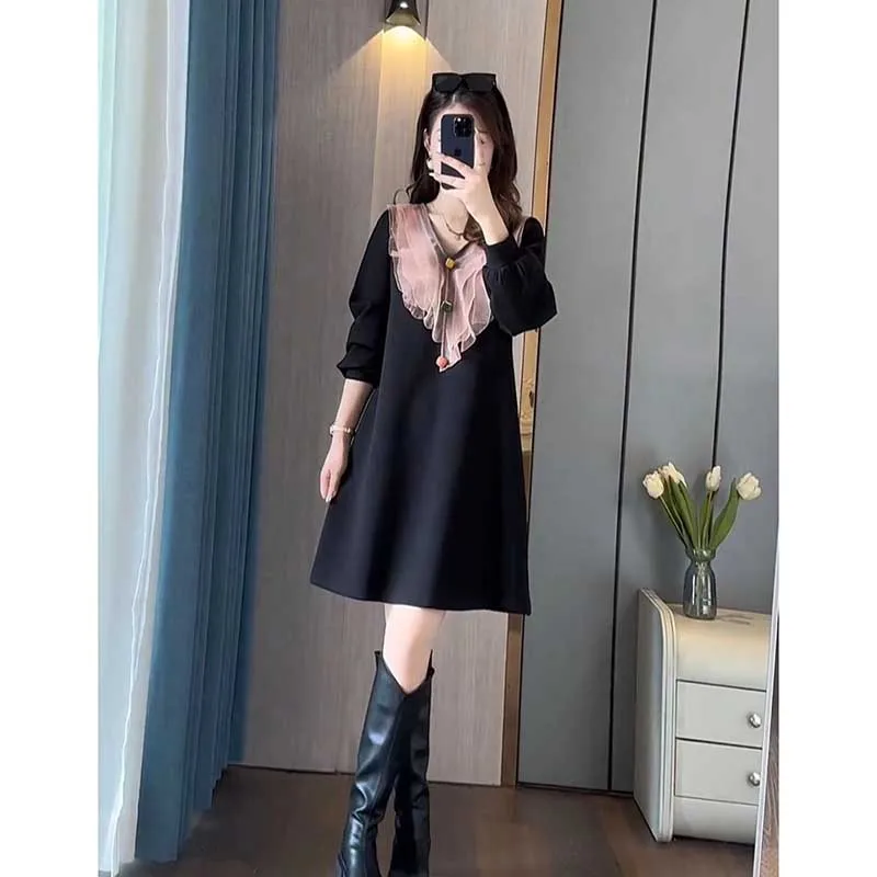 Fashion V-Neck All-match Spliced Button Ruffles Mini Dress Women\'s Clothing 2023 Autumn Winter Loose Commuter Ladies Dresses